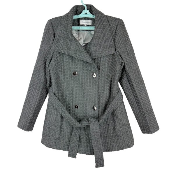 Calvin Klein Women's Linen Blend Dark Grey Textured Belted Pea Coat Size Small - Picture 1 of 10